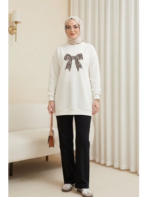 Moda Morfo Yuvarlak Yaka Fiyonk Baskılı Salaş Oyşo Tunik -Ekru