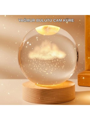 Urfakent 8 cm 3D Yağmur Bulutu Kristal Küre LED Gece Lambası Ahşap Standlı Tasarım Lamba