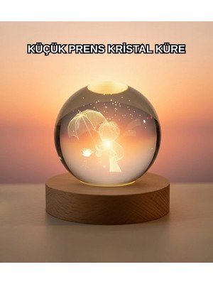 Urfakent Masif Ahşap Standlı 3D Küçük Prens Kristal Top USB Gece Lambası Sıcak Işık