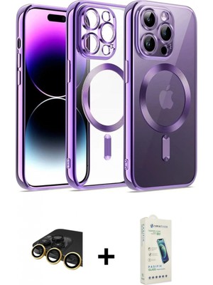 Marsilyan™- iPhone 14 Pro Kılıf Nova Işık Özel Seri - Şeffaf Pasifik Cam Ekran Koruyucu + Gold Raze Metal Kamera Lens