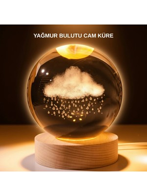 Urfakent USB LED 3D Yağmur Bulutu Kristal Küre Sıcak Işıklı Ahşap Standlı Gece Lambası