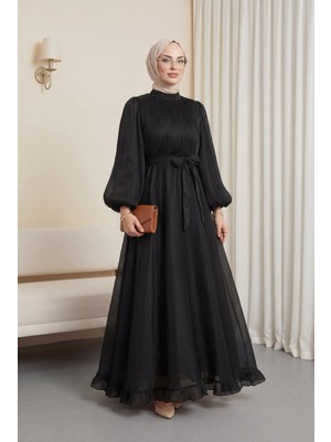 Moda Morfo Eteği Volanlı Kemerli Janjan Şifon Elbise -Siyah