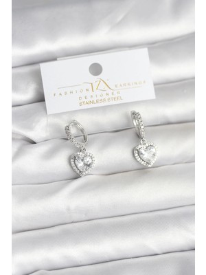 Inure Jewelry Pirinç Gümüş Renk Zirkon Taşlı Kalp Model Kadın Küpe