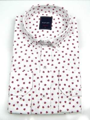 Rehalli Uzun Kol Slim Fit Keten Yaprak Model Puantiye Desenli Gömlek %100 Pamuk Kırmızı 491