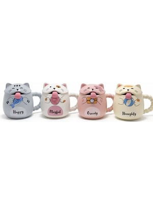 Marsilyan- Özel Tasarım 3D Kedi Figürlü Kapaklı Kaşıklı Kupa Bardak