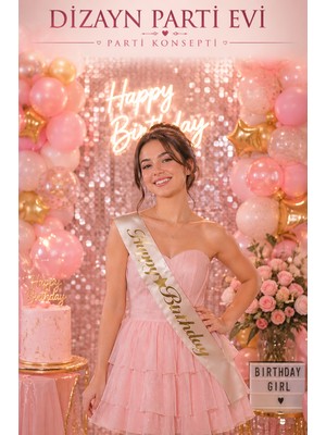 Dizayn Parti Evi Happy Birthday Yazılı Saten Kuşak Gold Baskılı Doğum Günü Kuşağı – Şık Parti Aksesuarı