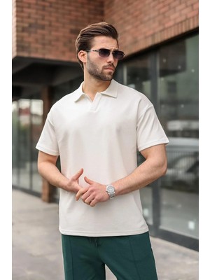 Madmext Ekru Polo Yaka Oversize Erkek Tişört E7185
