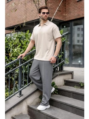 Madmext Taş Rengi Polo Yaka Oversize Erkek Tişört E7185
