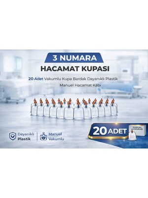 Renklime 3 Numara Hacamat Kupası 20 Adet Vakumlu Kupa Bardak Dayanıklı Plastik Manuel Hacamat Kabı