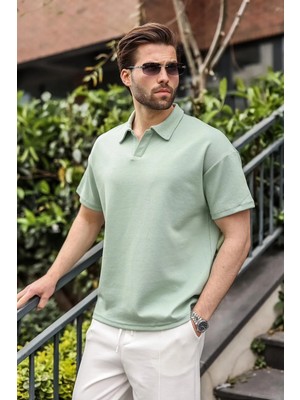 Madmext Mint Yeşili Polo Yaka Oversize Erkek Tişört E7185