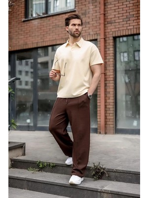 Madmext Bej Polo Yaka Oversize Erkek Tişört E7185