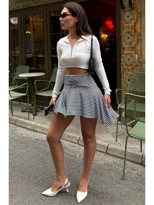 Madmext Haki Çizgili Asimetrik Çizgili Etek MG2698