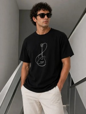 Defy Moda Erkek Minimal Gitar Baskılı Tişört T-Shirt Yazlık Kısa Kol Bisiklet Yaka T-Shirt - Siyah
