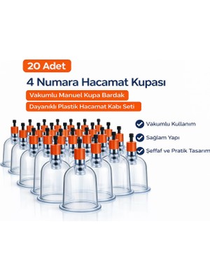 Renklime 4 Numara Hacamat Kupası 20 Adet Vakumlu Manuel Kupa Bardak Dayanıklı Plastik Hacamat Kabı
