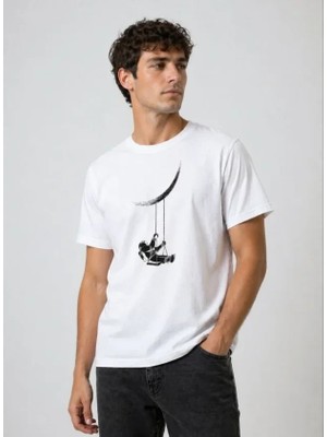 Defy Moda Erkek Astronot Ay Temalı Tişört Kısa Kol Yazlık Bisiklet Yaka T-Shirt - Beyaz