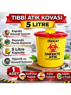 Renklime Tıbbi Atık Kovası 5 Litre 1 Adet Kapaklı Tıbbi Atık Kutusu Enfekte Atık Kovası