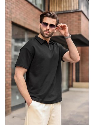 Madmext Siyah Polo Yaka Oversize Erkek Tişört E7185