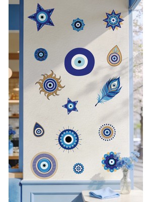Msticker Nazar Boncuğu Duvar Sticker Seti 43 Parça | Mavi Gold Nazar Dekoratif Sticker | Salon, Çocuk Odası