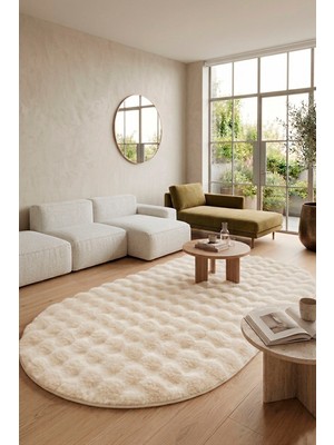 Saraz Halı Oval Lux Bubble Ekstra Yumoş Peluş Halı Kaymaz Taban Puffy Tavşan Tüyü Halı Bej