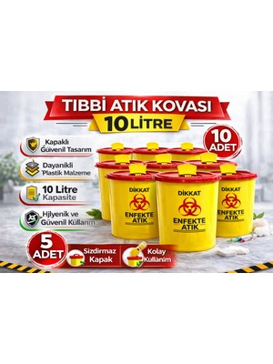 Renklime Tıbbi Atık Kovası 10 Litre 10 Adet Kapaklı Tıbbi Atık Kutusu Enfekte Atık Kovası Seti