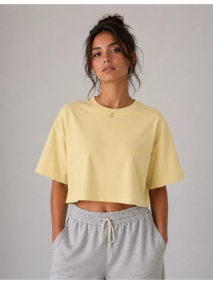 Organickid Basic Kadın Loose Crop Bej T-Shirt