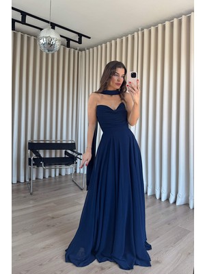 Sue Store Lacivert Drapeli Straplez Şallı Abiye Elbise