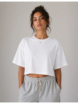 Organickid Basic Kadın Loose Crop Beyaz T-Shirt