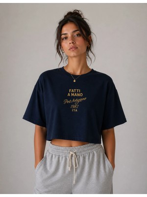 Organickid Basic Kadın Loose Crop Baskılı Lacivert T-Shirt
