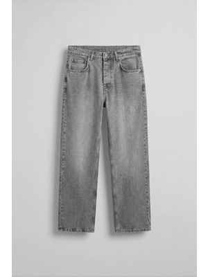 Abluka Online Erkek Baggy Yıkamalı Düz Paça Jean Pantolon Açık Gri