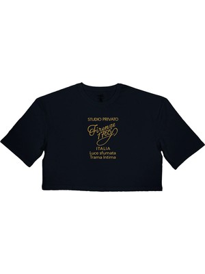 Organickid Basic Kadın Loose Crop Baskılı Siyah T-Shirt
