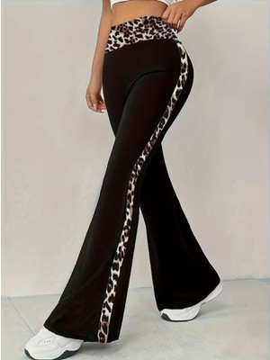 Stelol Kadın Yüksel Bel Leopar Desen Detaylı Ispanyol Paçalı Dalgıç Pantolon