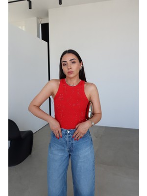 Özge Özgenç Halter Yaka Taş Baskılı Atlet