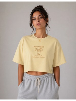 Organickid Basic Kadın Loose Crop Baskılı Bej T-Shirt