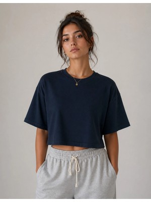 Organickid Basic Kadın Loose Crop Lacivert T-Shirt