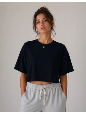 Organickid Basic Kadın Loose Crop Siyah T-Shirt
