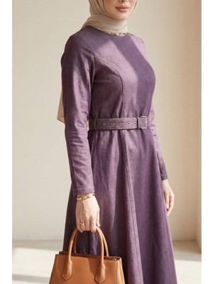 Moda Morfo Kloş Etekli Fermuarlı Kemerli Kot Elbise -Mürdüm