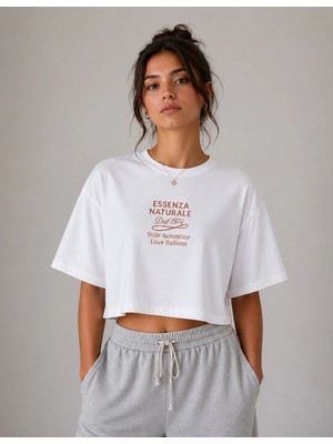Organickid Basic Kadın Loose Crop Baskılı Beyaz T-Shirt