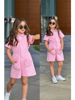 Miniğimin Cicileri Kalp Cepli Kot Şortlu Kız Çocuk Tulum - Pembe