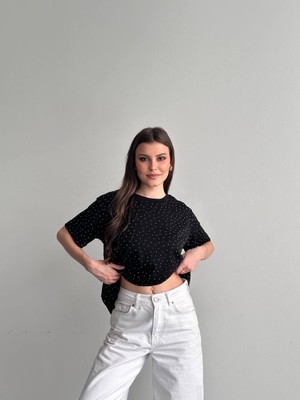 My Lunessa Taşlı Oversize Siyah Modal Kumaş Tişört