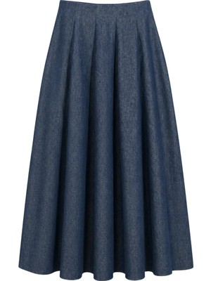 Mixray 4913 Kadın Beli Lastikli Pileli Dökümlü Midi Denim Etek Lacivert