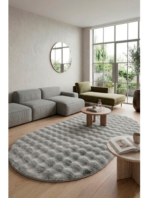 Saraz Halı Oval Lux Bubble Ekstra Yumoş Peluş Halı Kaymaz Taban Puffy Tavşan Tüyü Halı Gri