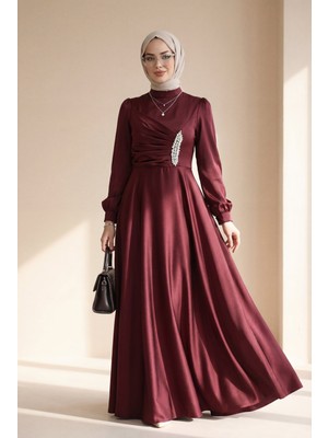 Moda Morfo Önü Drapeli Taş Detaylı Saten Elbise -Bordo