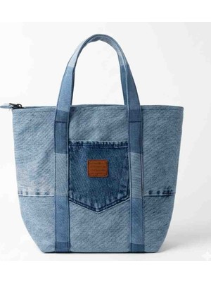 Kadın Omuz Çantası Denim El Yapımı Özel Tasarım Patchwork El ve Omuz Çantası Kot Tote Bag