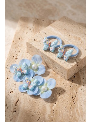 Bony Socks 4'lü Kelebek Aksesuarlı Çiçekli Mavi Toka Seti