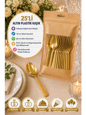 25’li Altın Plastik Kaşık 18 cm Sert Tek Kullanımlık Parti Davet Düğün Çatal Seti