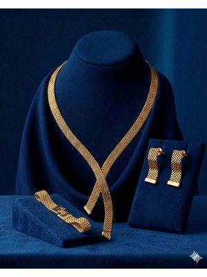 Constanza Exclusive Luxe Touch Hasır Tarz Kolye Bileklik ve Küpe 3'lü Takı Seti Özel Tasarım Düğün