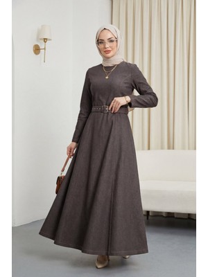 Moda Morfo Kloş Etekli Fermuarlı Kemerli Kot Elbise -Açık Kahve
