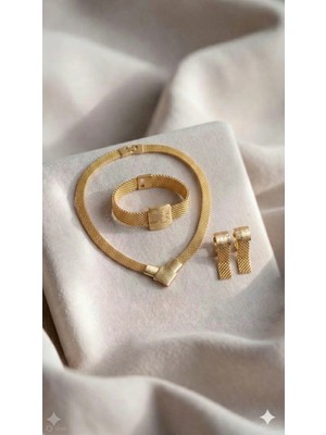 Constanza Exclusive Altın Kaplama Hasır Choker Kolye Geniş Mesh Şık Kadın Gerdanlık Bileklik Küpe 3'lü Takı Seti Düğün