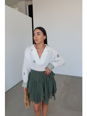 Özge Özgenç Etnik Desenli Keten Dokulu Bluz