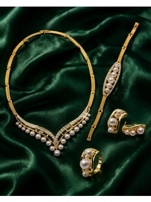 Constanza Exclusive Emerald Kadın Kolye Küpe Bileklik Yüzük 4’lü Set, Lüks Abiye & Düğün Takı Seti, Şık Zarif Tasarım